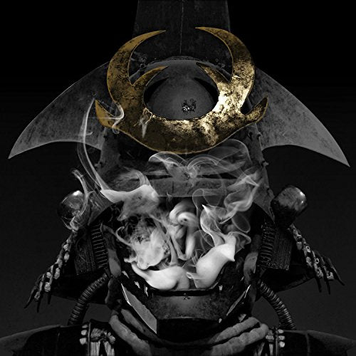 "Album cover art: samurai helmet with skull and smoke, dark background."