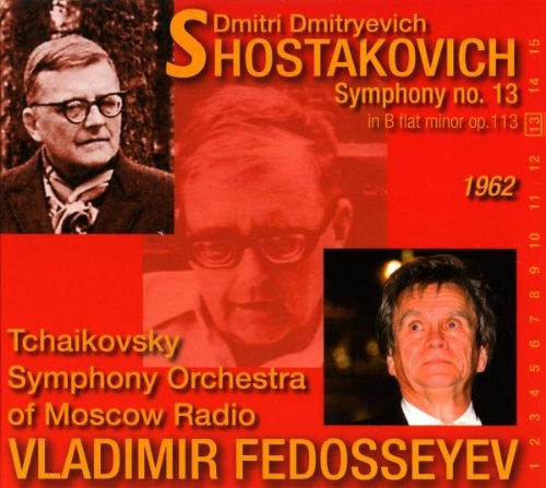 Red CD cover with three men's portraits and yellow text detailing the orchestra and composer.