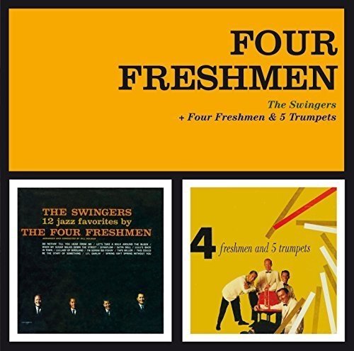 "Album cover for 'Four Freshmen' featuring two smaller album covers below a yellow banner."