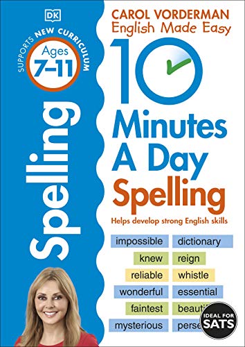 The image shows a blue and white workbook cover with "Spelling" and a blonde woman.