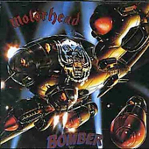 "Album cover art featuring a robotic bomber with glowing red eyes and missiles."