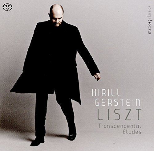 Bald man in black coat and pants on a grey background, text reads "Kirill Gerstein Liszt".