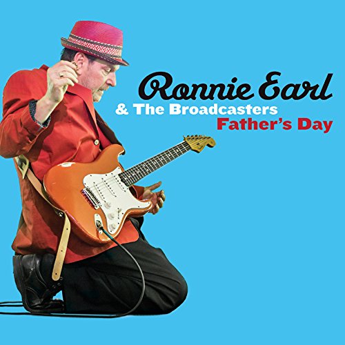 "CD cover featuring Ronnie Earl kneeling, playing guitar, against a blue background."