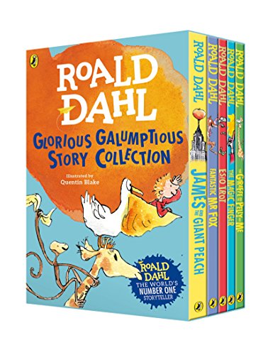 "Boxed set of Roald Dahl books with colorful spines and whimsical cover illustrations."