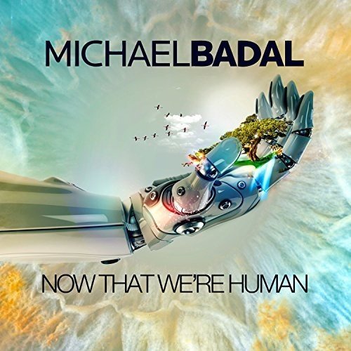 "Album cover featuring a robotic hand holding a small island with trees."