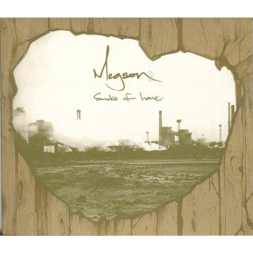"Album cover with industrial landscape viewed through a hole in a wooden surface."