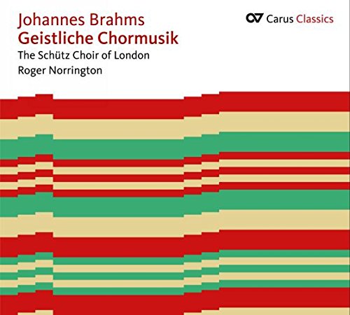 CD cover with red, green, and beige horizontal stripes and text "Johannes Brahms Geistliche Chormusik".
