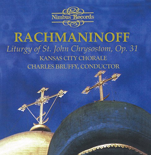"CD cover with gold domes and crosses on blue background, featuring Rachmaninov's liturgy details."