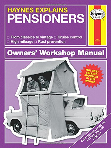 "Book cover with purple background, white van, and elderly couple in a tent."