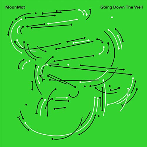 Green album cover with abstract black and white arrows and dots, text "MoonMot" and "Going Down The Well".