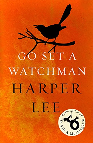 "Book cover with orange background, black bird silhouette, and title 'Go Set a Watchman'."