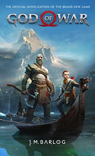 The image depicts the cover of a novelization titled "God of War" by J.M. Barlog, featuring a man and a boy in a boat. The man, likely Kratos, is holding a large axe, while the boy stands beside him, holding a spear. The background shows a mountainous landscape with a body of water. The title and author's name are prominently displayed on the cover. Alt text: Image of a novel cover featuring a man and boy in a boat,