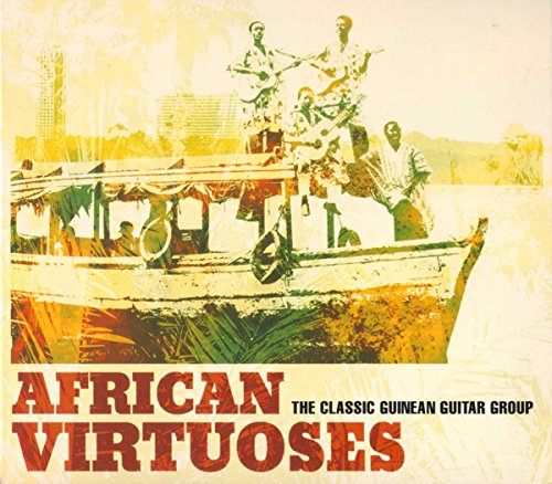 Album cover with men playing guitars on a boat, titled "African Virtuoses".