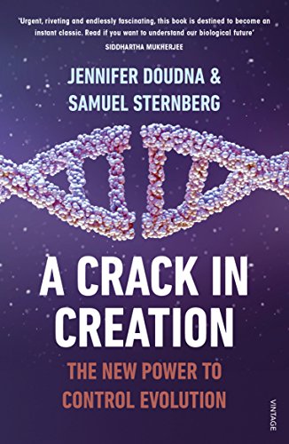 "A book cover with a DNA double helix and the title 'A Crack in Creation'."