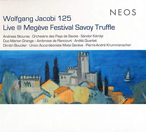 "CD cover with abstract painting of a castle and sailboat on blue water."