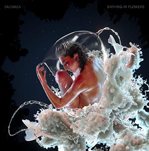 Album cover: woman in a bubble surrounded by white flowers against a dark background.