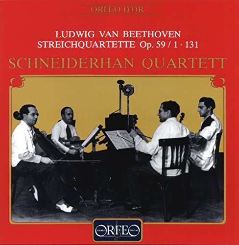 "Red CD cover with black and white photo of string quartet musicians playing instruments."