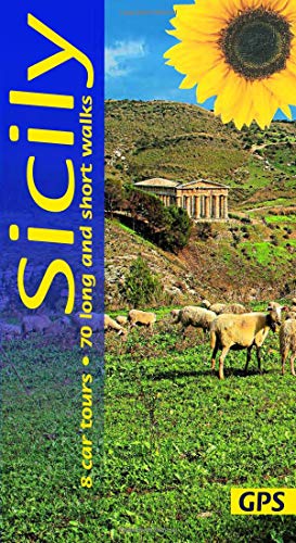 "Book cover with 'Sicily' title, Greek temple, goats, and sunflower on blue background."