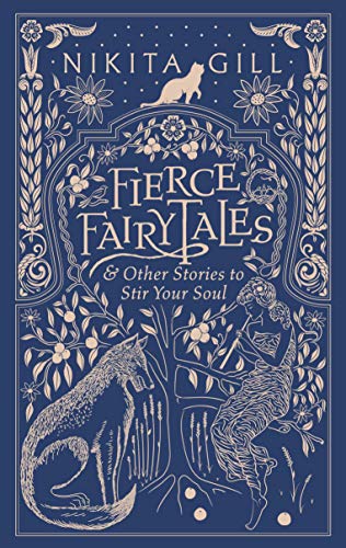 "Fierce Fairytales" book cover with blue background, white illustrations, and decorative border.