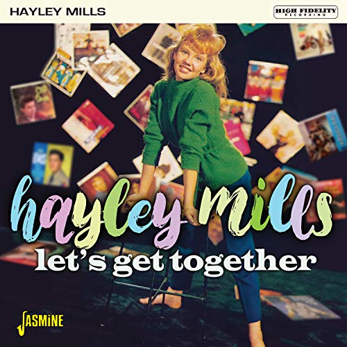 "Album cover featuring Hayley Mills in green, surrounded by Polaroid photos against a dark background."