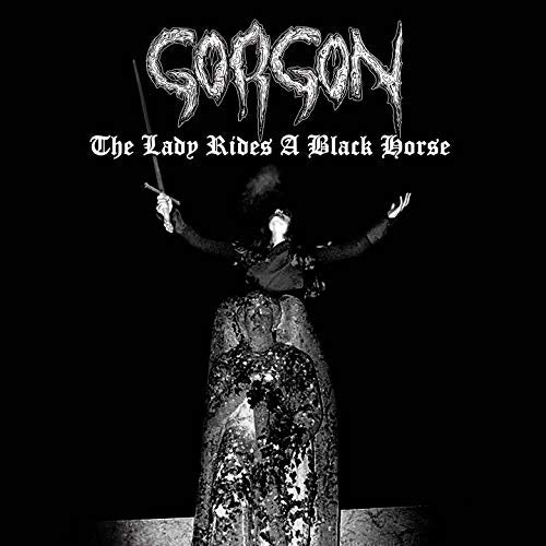 "Gorgon's album cover featuring a woman in a long dress holding a sword."