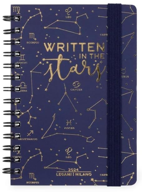 Legami - Spiral Weekly Diary Small, 12 Months, from January 2024 to December 2024, Folding Planner 2024/2025, Elastic Closure, Final Pocket, Address Book, 8.5x13 cm, Stars Theme