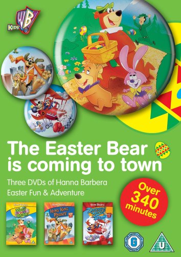 The image shows a DVD cover featuring a cartoon bear and rabbit on a green background.