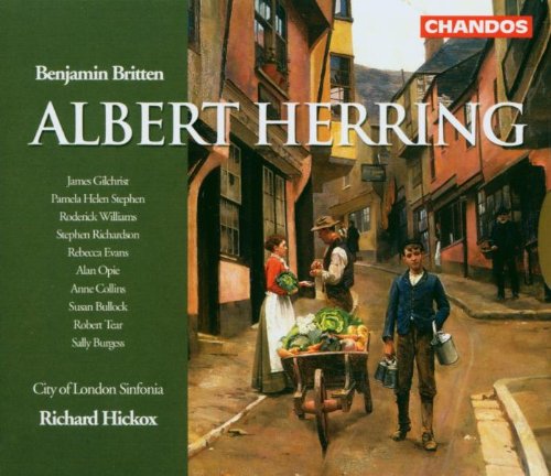 "CD cover for 'Albert Herring' with 19th-century street scene and cast list."