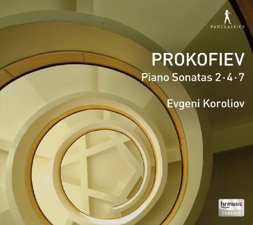 "CD cover featuring a spiral staircase and text 'Prokofiev Piano Sonatas 2, 4, 7'."