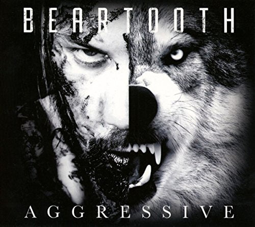 "Album cover featuring a split image of a man's face and a wolf's face."