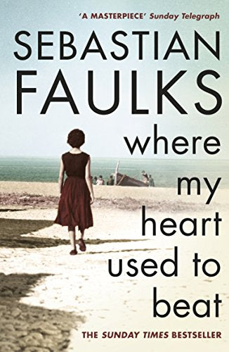 "Book cover of 'Where My Heart Used to Beat' by Sebastian Faulks, featuring a woman on a beach."