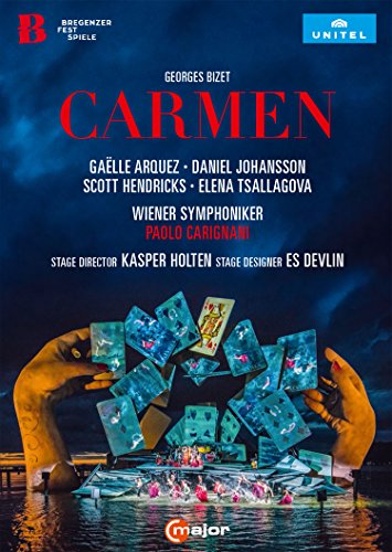 DVD cover for Bizet's "Carmen" with hands holding broken glass, people in water.