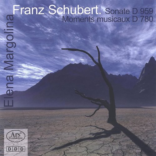 "CD cover with barren landscape, mountains, and cloudy sky, featuring Franz Schubert's music."