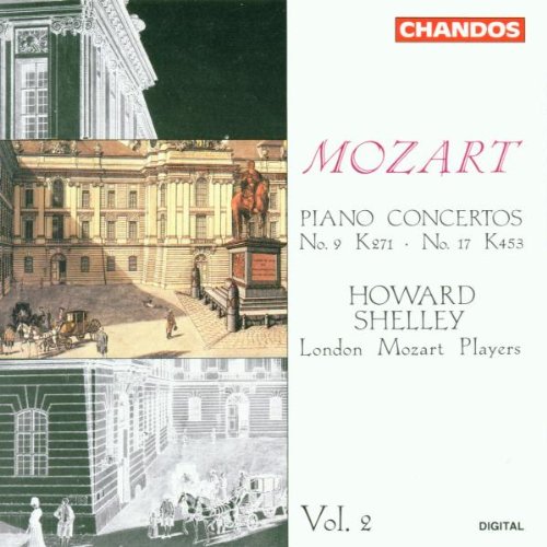 A CD cover with Mozart piano concertos, featuring classical building illustrations and text details.
