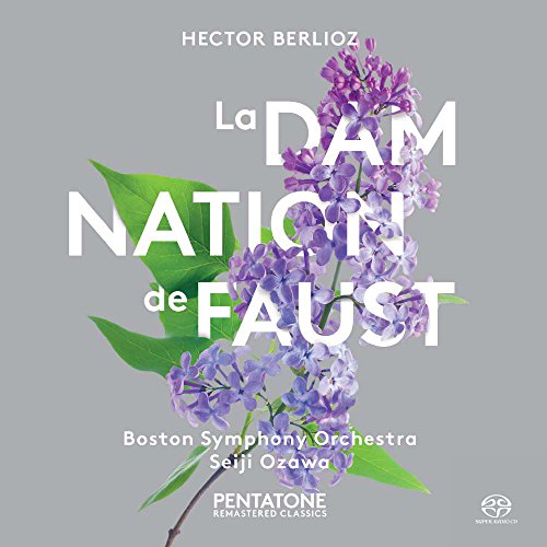 "Album cover with lilacs, gray background, and white text for 'La Damnation de Faust'."