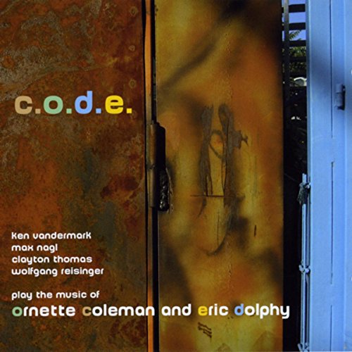 Album cover with rusty metal door and multicolored text "c.o.d.e." on left side.