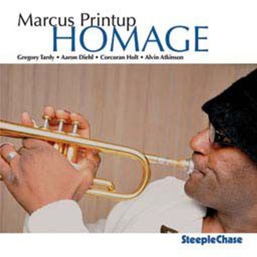 Man playing trumpet, wearing white shirt and black hat, on album cover with white border.