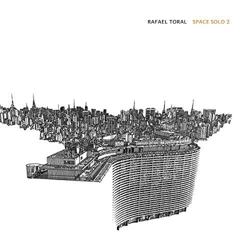 The image depicts a CD cover for "Space Solo 2" by Rafael Toral. Alt text: Black and white cityscape illustration on a white background with artist and album name.