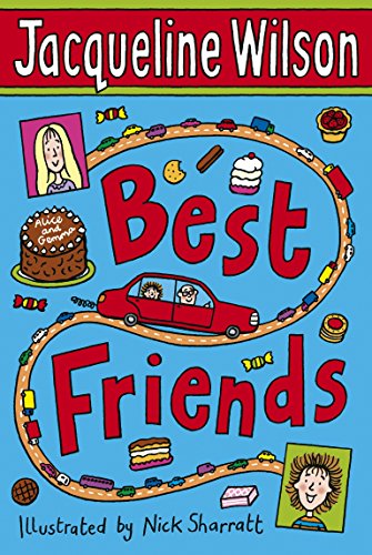 "Book cover with 'Best Friends' title, red car, and illustrations on a blue background."