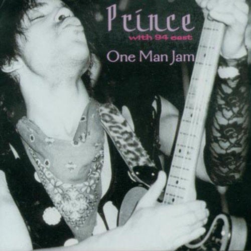 "Black and white CD cover featuring Prince playing guitar, titled 'One Man Jam'."