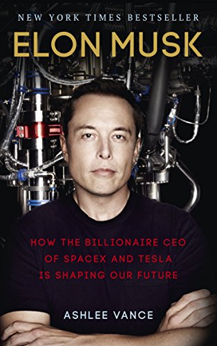 Book cover featuring Elon Musk in front of machinery, with title and author name displayed.