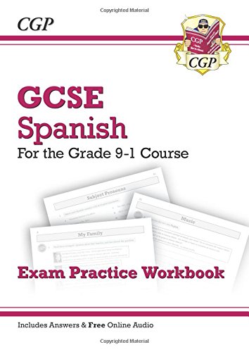 A GCSE Spanish workbook cover showing sample exam sheets, with a white background and red accents.