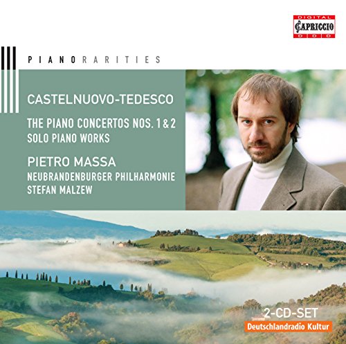 "CD cover with man portrait, landscape, and text describing piano concertos."