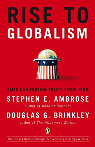 "Red book cover with the American flag helmet and globe, titled 'Rise to Globalism'."