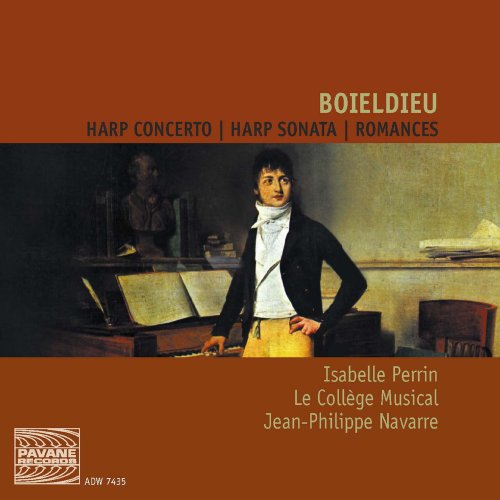 The image shows a CD cover with a man standing by a harp. The alt text is: "CD cover with a man standing by a harp."
