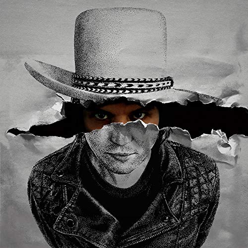 The image is a black and white album cover featuring a man wearing a hat. For accessibility purposes, a suitable alt text could be: "Black and white album cover with man wearing a cowboy hat."