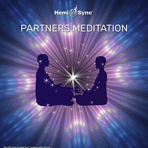 Silhouettes of two people meditating together surrounded by a starburst pattern and bright light.