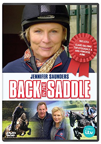 "Jennifer Saunders: Back in the Saddle DVD cover featuring Saunders in a riding helmet."
