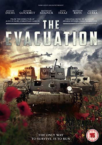 "The Evacuation" DVD cover featuring tanks amidst red flowers and a war-torn background.