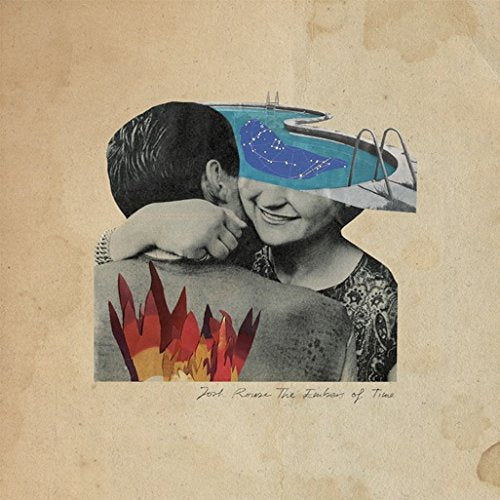 "Album cover with collage of couple, pool, and flames on aged background."